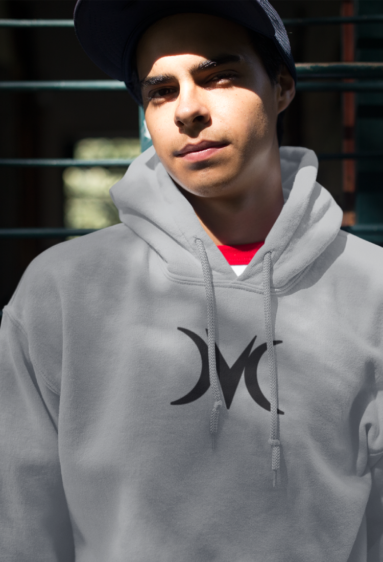 MOONSHOOT Streetwear - Man wearing grey signature hoodie